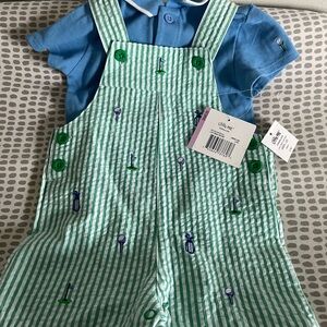 Blue and Green Striped Overalls with Polo Shirt - Golf Theme